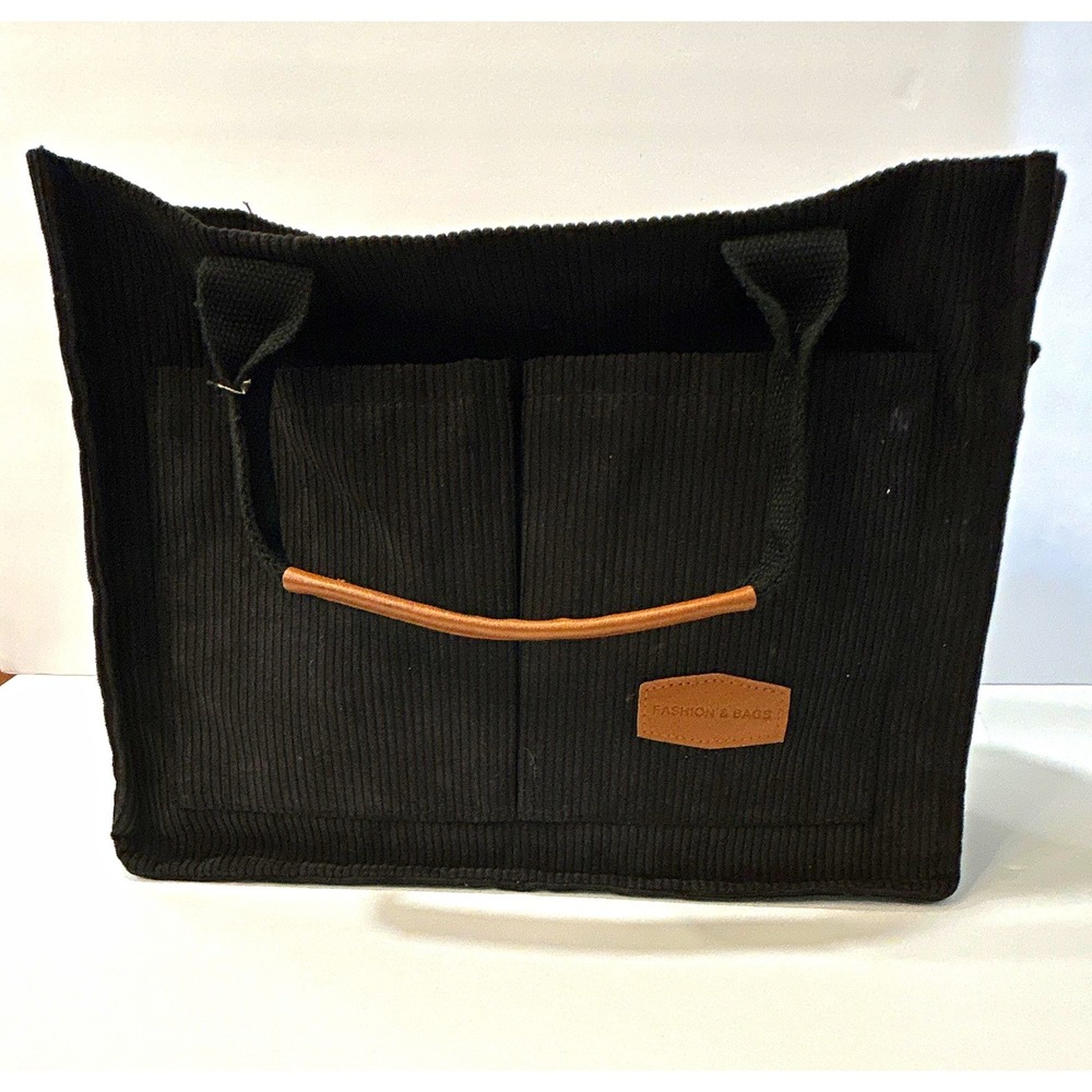 Fashion Z Bags Black Tote Bag Beige Lining Snap/Zip Pockets Adjustable Strap